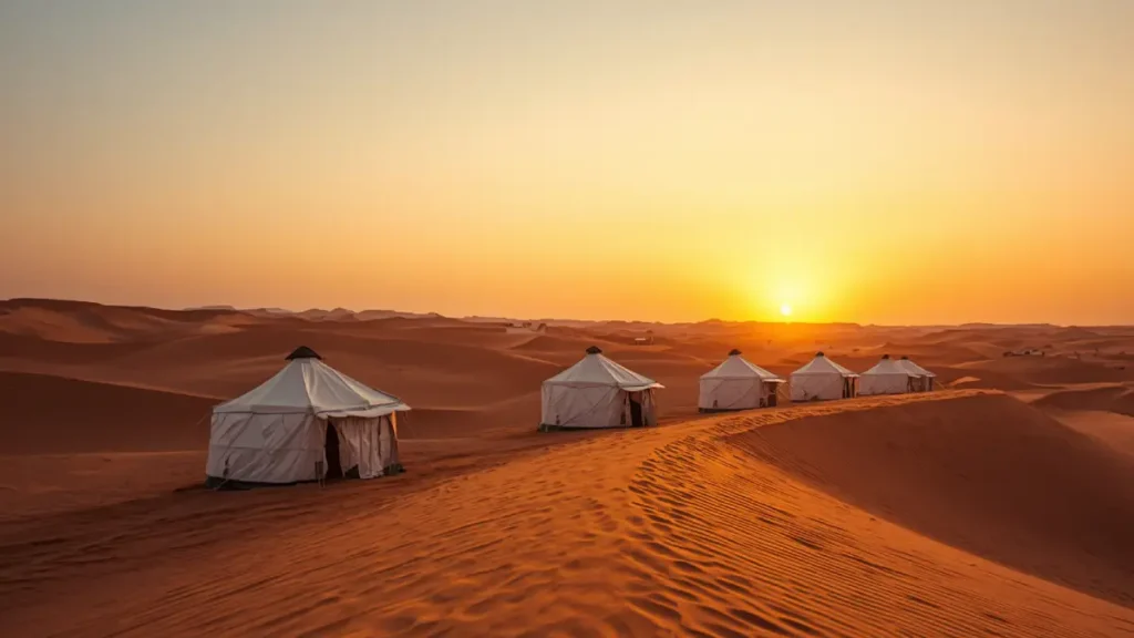 Tented camp on Sahara dunes near Merzouga in Morocco
