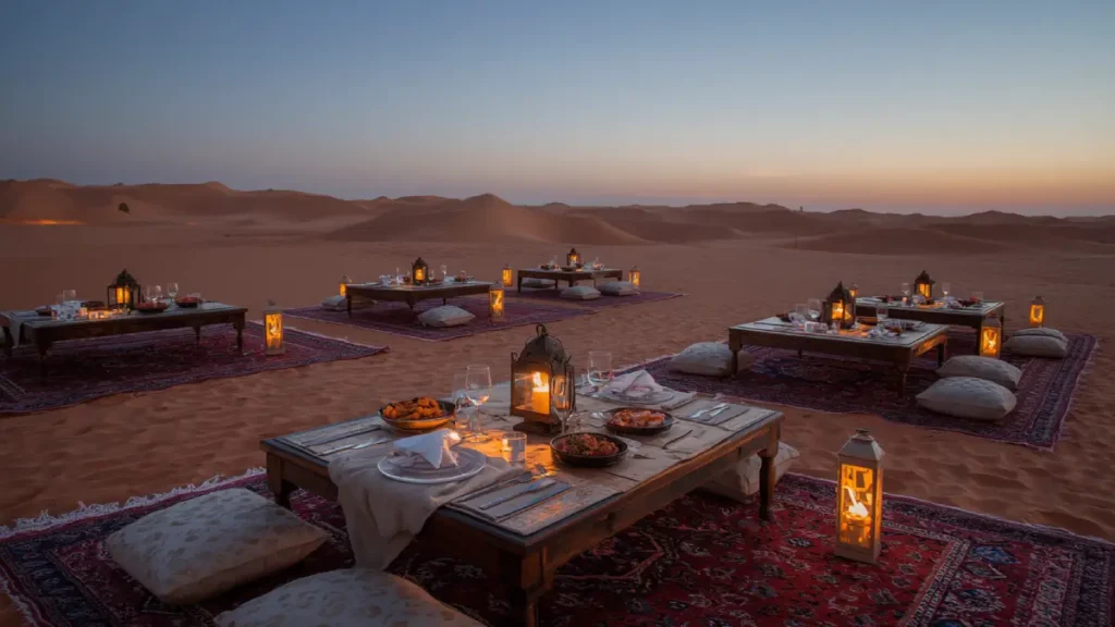 Dinner setup with tajines and lanterns in a Sahara desert camp
