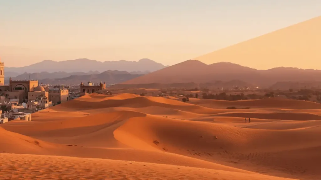 Collage of Marrakech medina, Atlas Mountains and Sahara desert dunes
