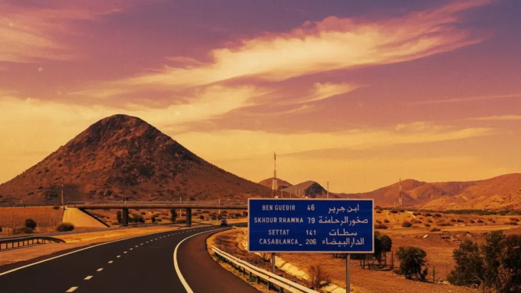 Car driving on a highway between Casablanca and Marrakech in Morocco