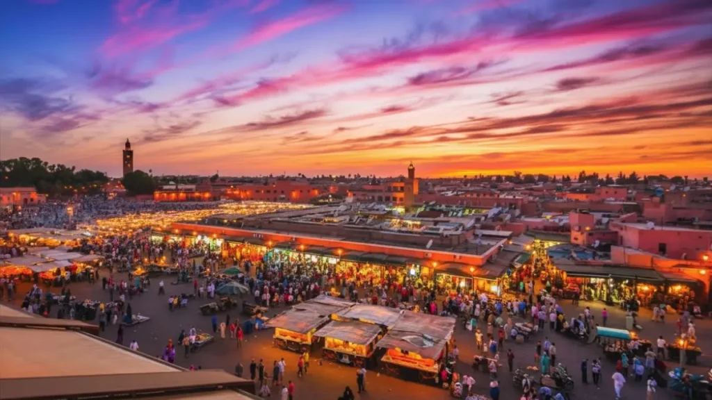 Crowds in Jemaa el‑Fna square in Marrakech at sunset