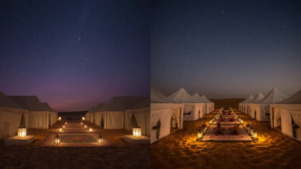 Luxury Sahara desert camp at night with tents and lamps