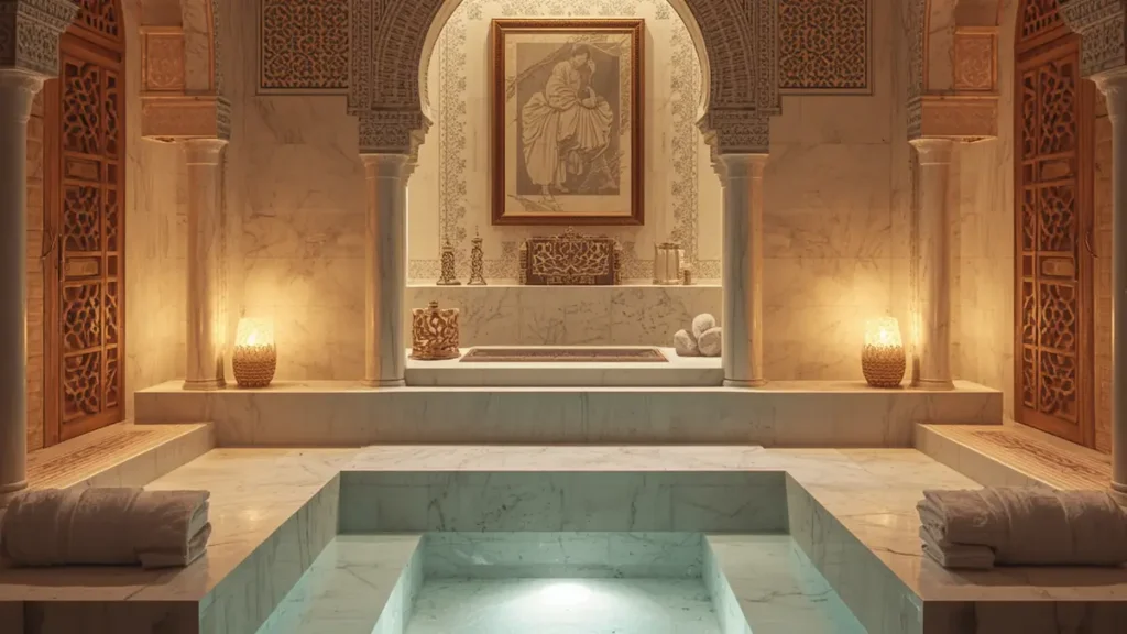 Luxury hammam spa in Marrakech with marble and Moroccan tilework