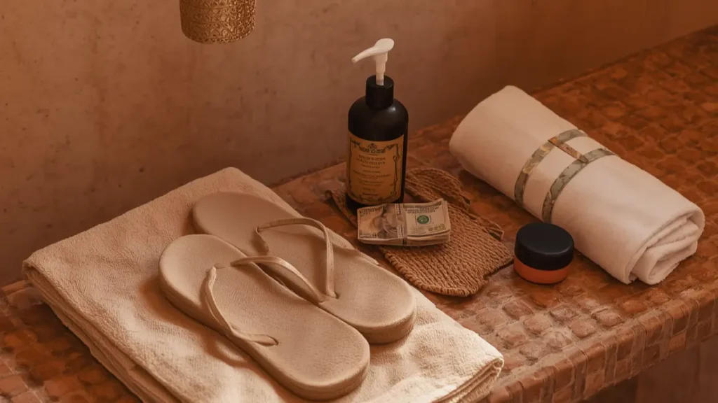 Hammam essentials for Marrakech including towel, flip-flops, black soap and kessa glove
