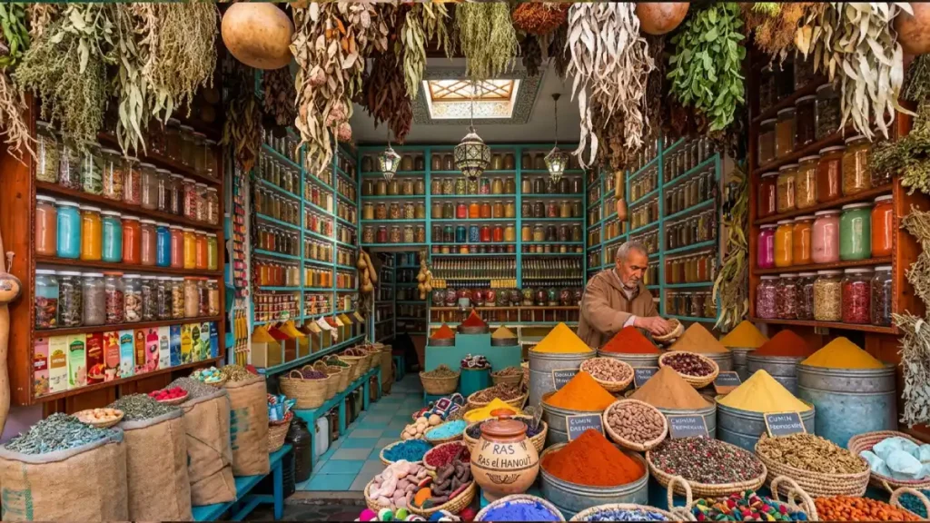 Moroccan spices and olives at a Marrakech souk food stall