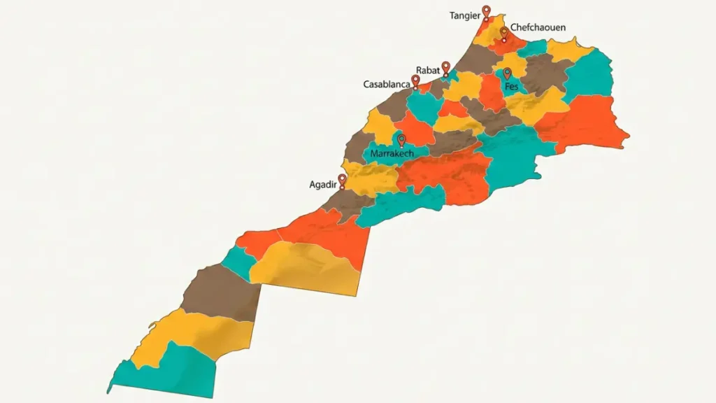 Illustrated map of Morocco with main travel bases highlighted
