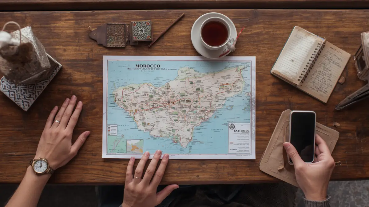Traveler planning a trip to Morocco with a map, notebook and mint tea