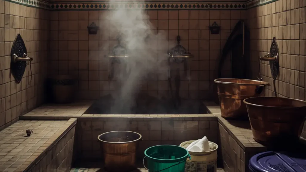 Public neighbourhood hammam in Marrakech with buckets and steam