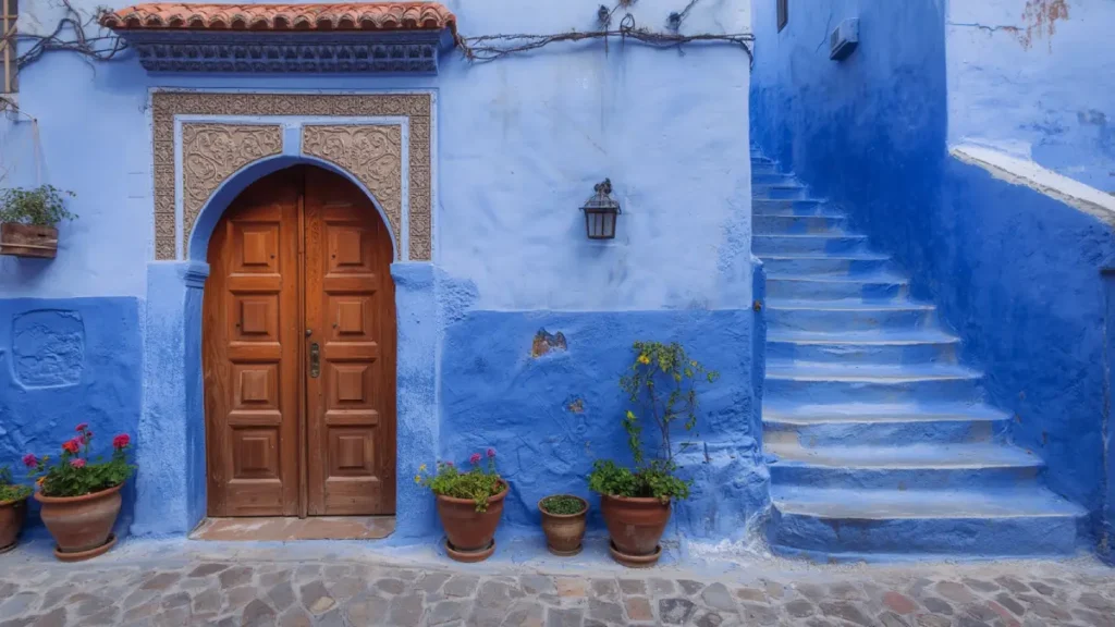 Blue alley with a riad entrance in Chefchaouen Morocco