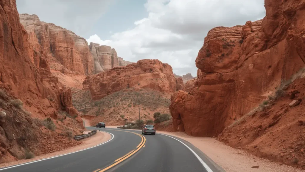 Car driving through a rocky gorge on the road from Marrakech to the Sahara