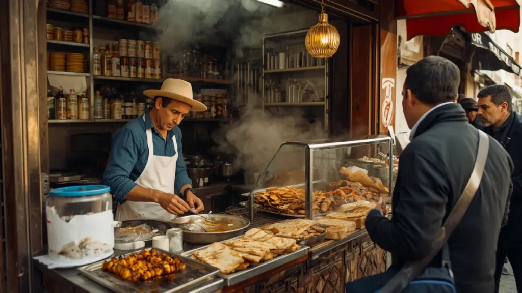Clean Marrakech street food stall cooking hot food for travellers