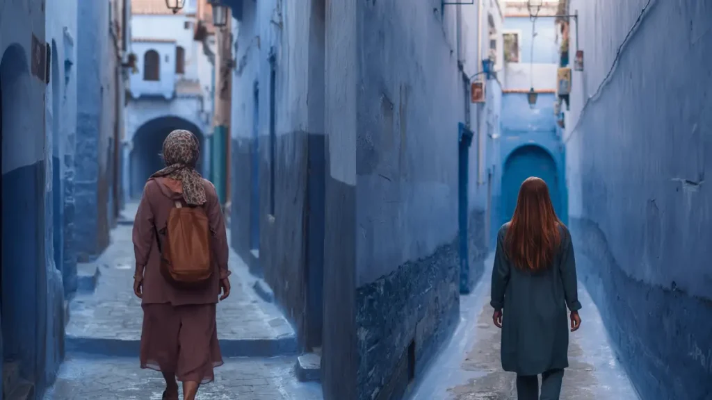 Solo female traveller walking through a blue street in Chefchaouen Morocco