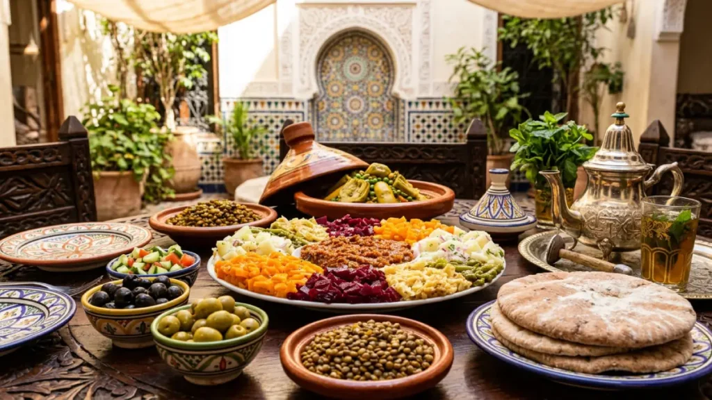 Vegetarian Moroccan food served during a Marrakech food tour