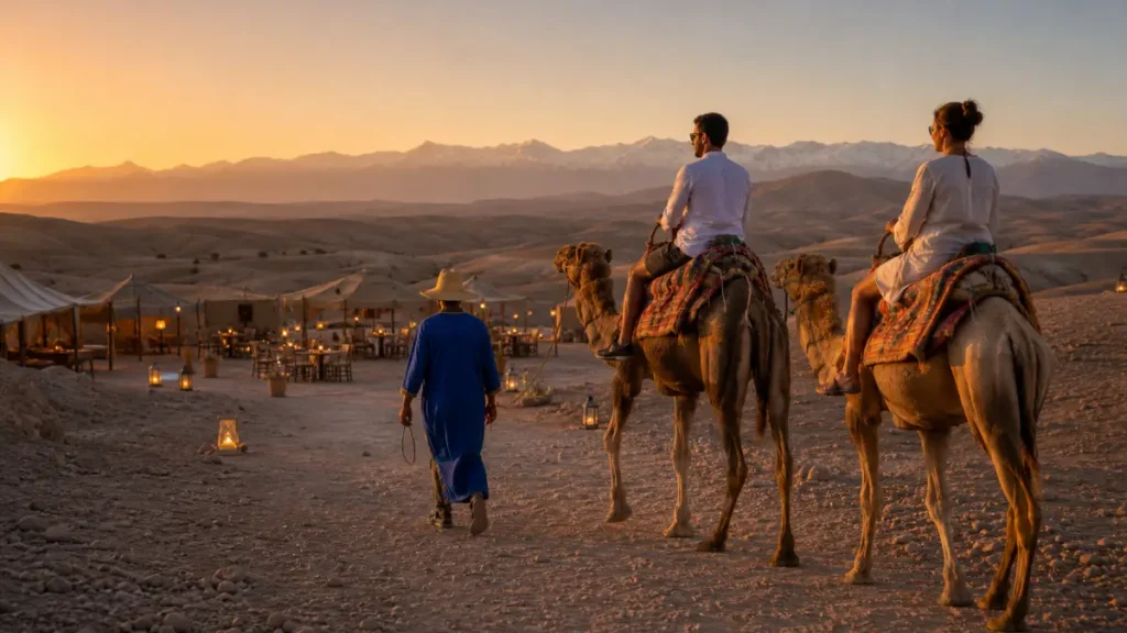 Travelers arriving at an Agafay dinner camp after a camel ride