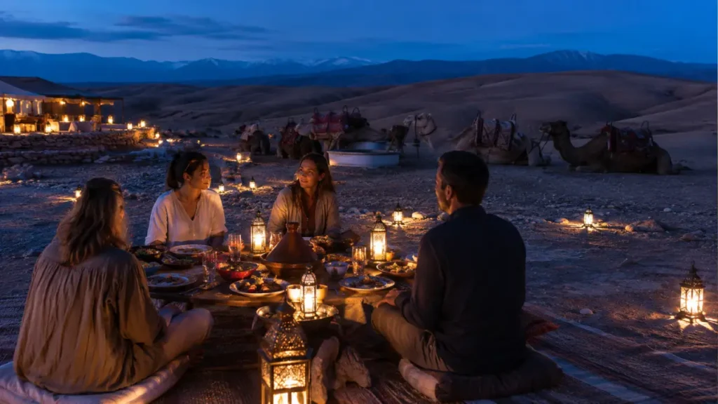 Travelers enjoying dinner after an Agafay camel ride