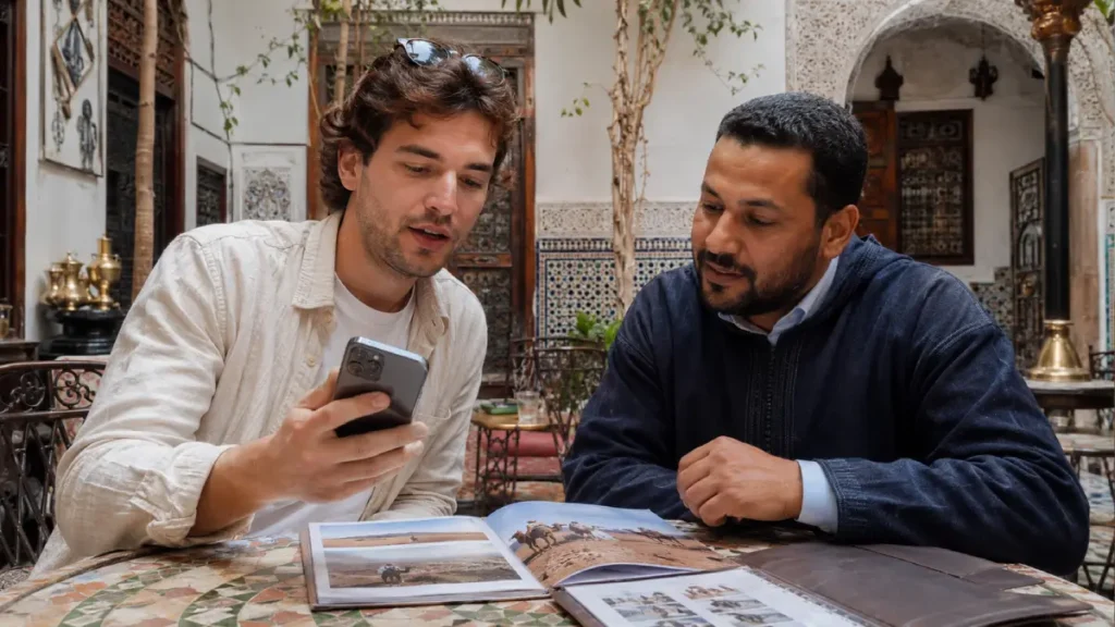 Traveler comparing Agafay camel ride prices with a local operator