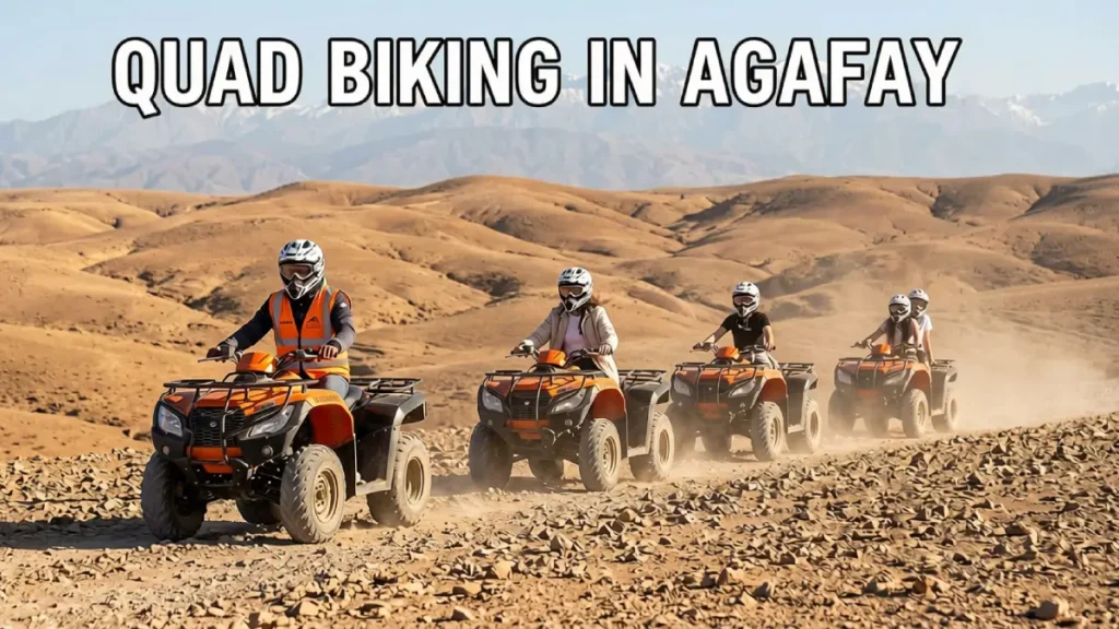 Small guided group quad biking on rocky trails in the Agafay Desert