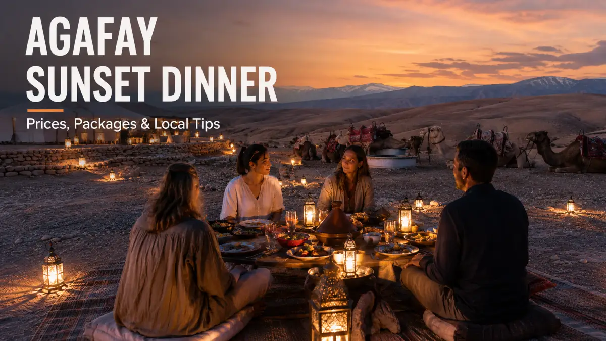 Travelers enjoying an Agafay Desert sunset dinner near Marrakech