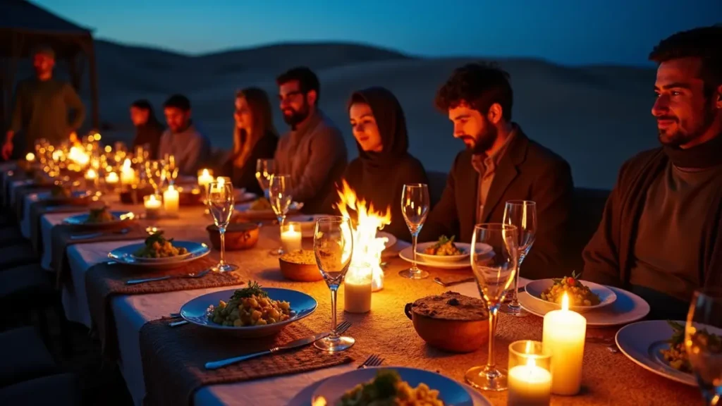 Travelers enjoying a Moroccan sunset dinner and live show at an Agafay camp