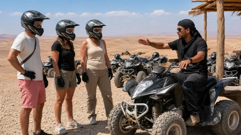 Guide giving travelers a quad-bike safety briefing in Agafay