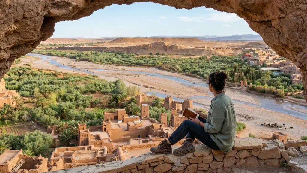 View from the agadir viewpoint overlooking Ait Ben Haddou ksar and Ounila Valley Morocco
