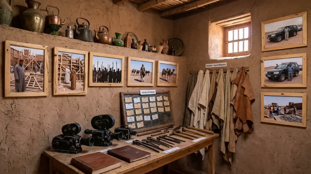 Small cinema-history exhibition with cameras, props, and production photographs in Aït Ben Haddou