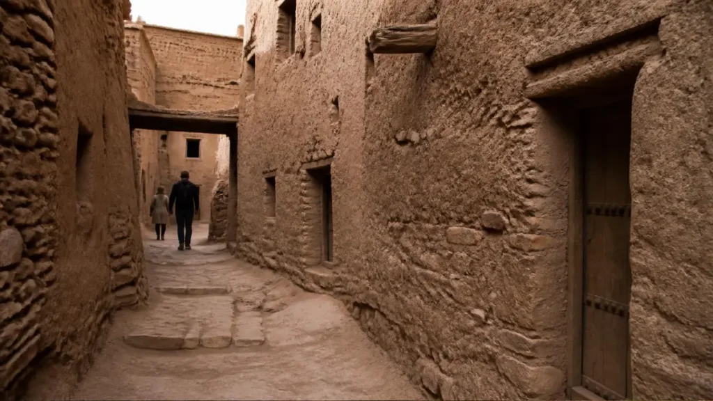 Narrow earthen passage through the lower lanes of Aït Ben Haddou