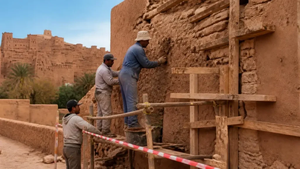 Heritage workers restoring an earthen wall at Aït Ben Haddou. Aït Ben Haddou travel guide