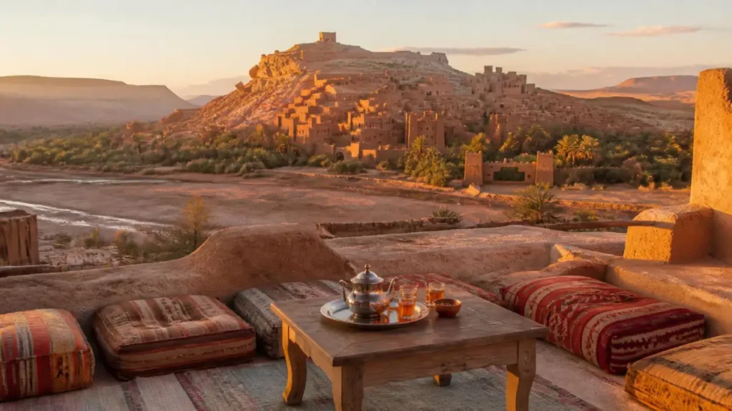 Guesthouse rooftop overlooking Aït Ben Haddou during sunset