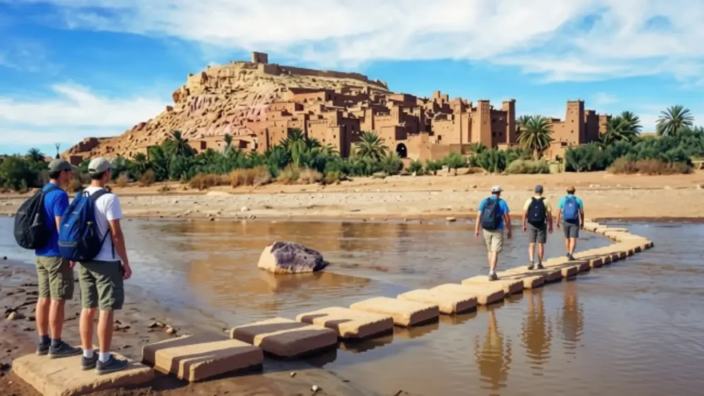 Travelers approaching Aït Ben Haddou during a Marrakech to Merzouga desert tour.