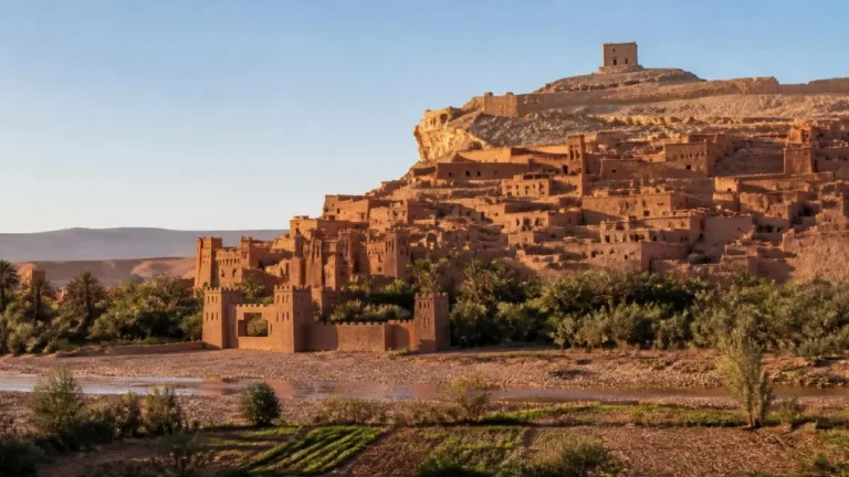 Aït Ben Haddou ksar glowing in early-morning light across the riverbed