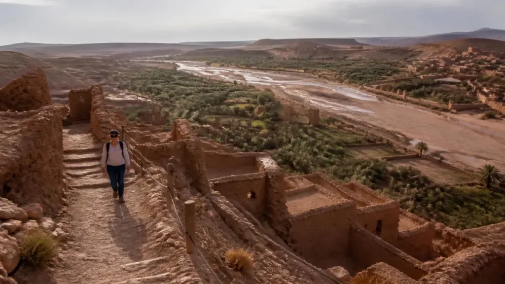 Steep upper walking path overlooking the river and Ounila Valley at Aït Ben Haddou