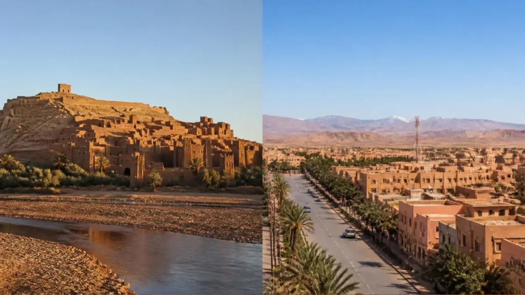 Side-by-side comparison of Aït Ben Haddou ksar and the city of Ouarzazate