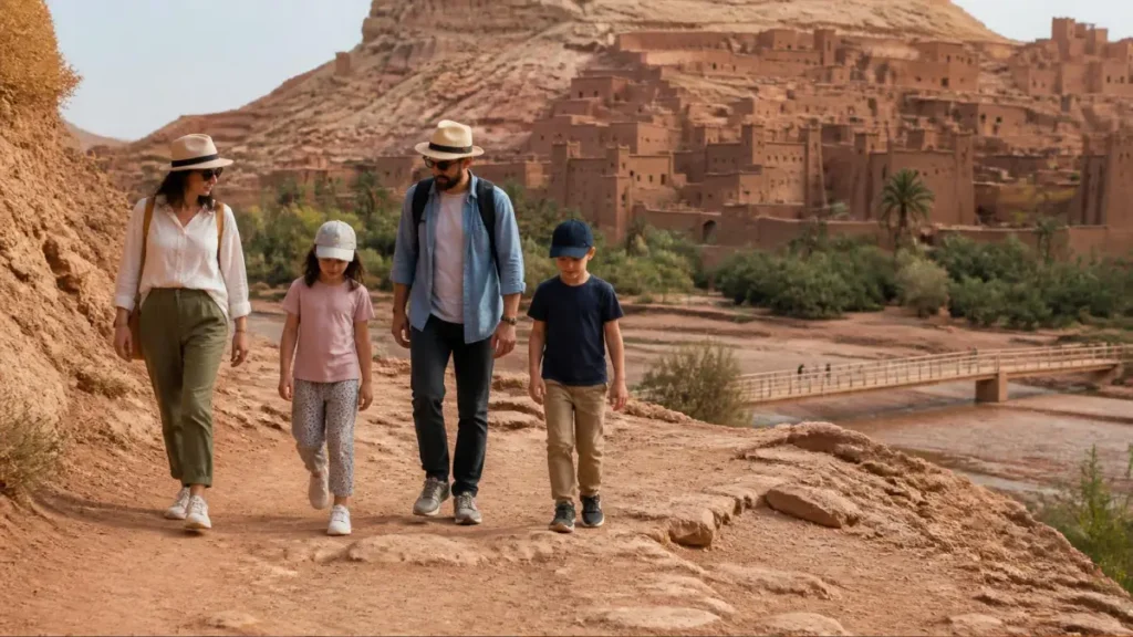 Family walking carefully on an uneven path near the entrance to Aït Ben Haddou