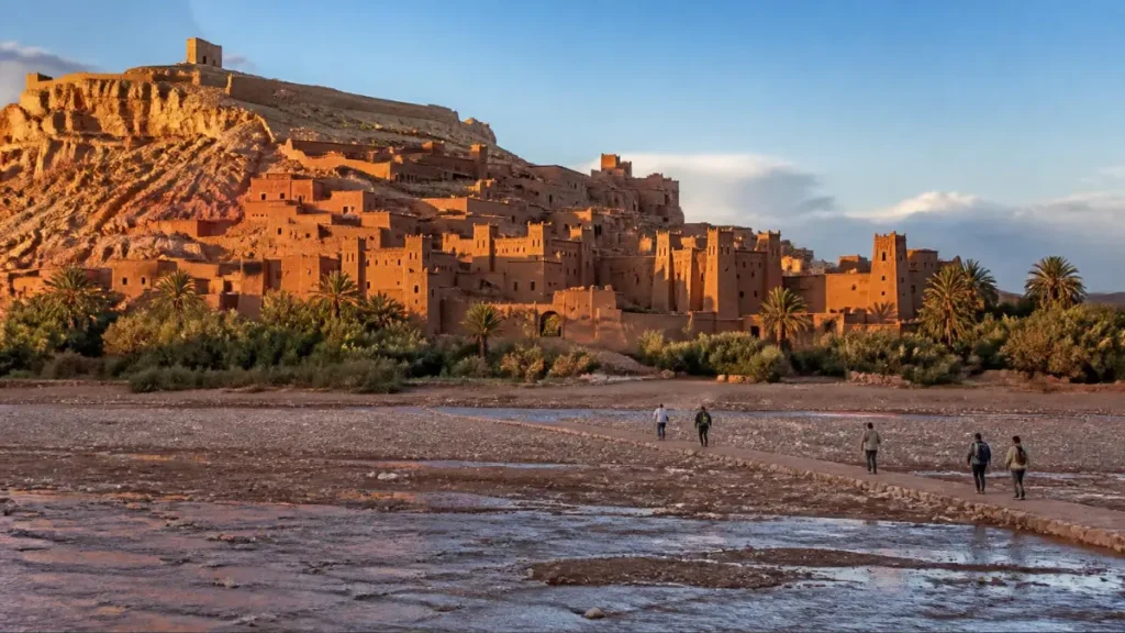 Aït Benhaddou glowing in golden-hour light near Ouarzazate