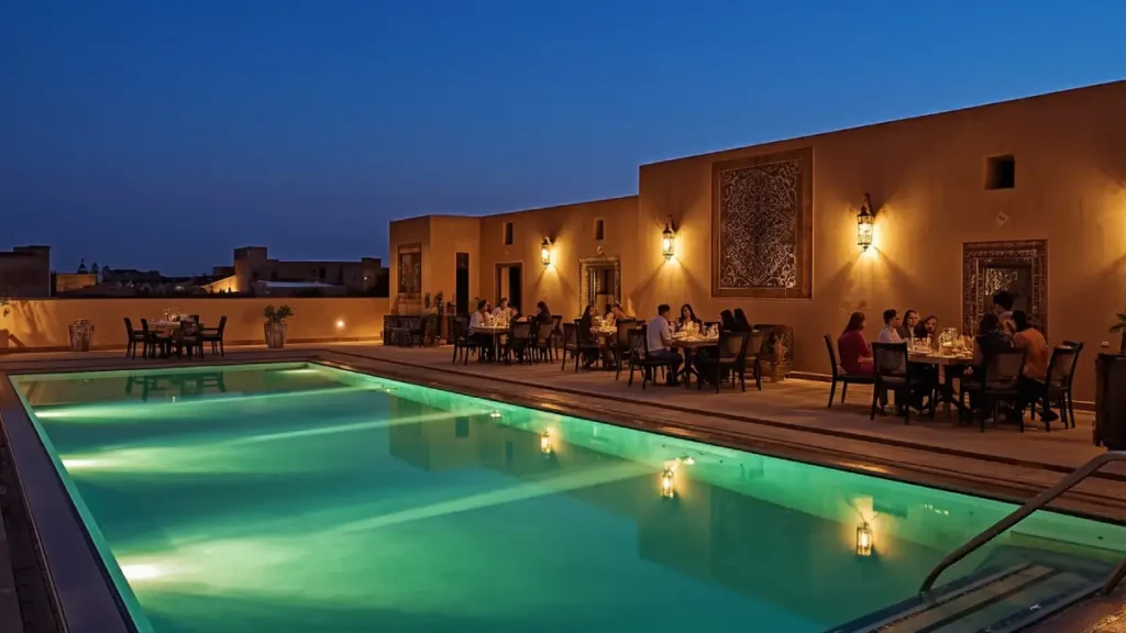 Sunrise view of Aït Benhaddou from a traditional guesthouse terrace