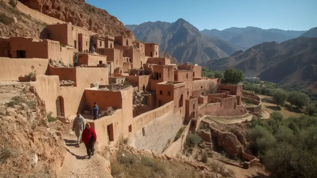 Traditional Amazigh village in Ourika Valley near Marrakech with mountain houses and terraces