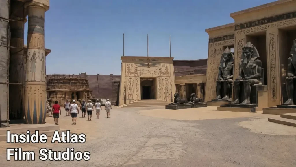 Visitors exploring historical movie sets at Atlas Film Studios in Ouarzazate