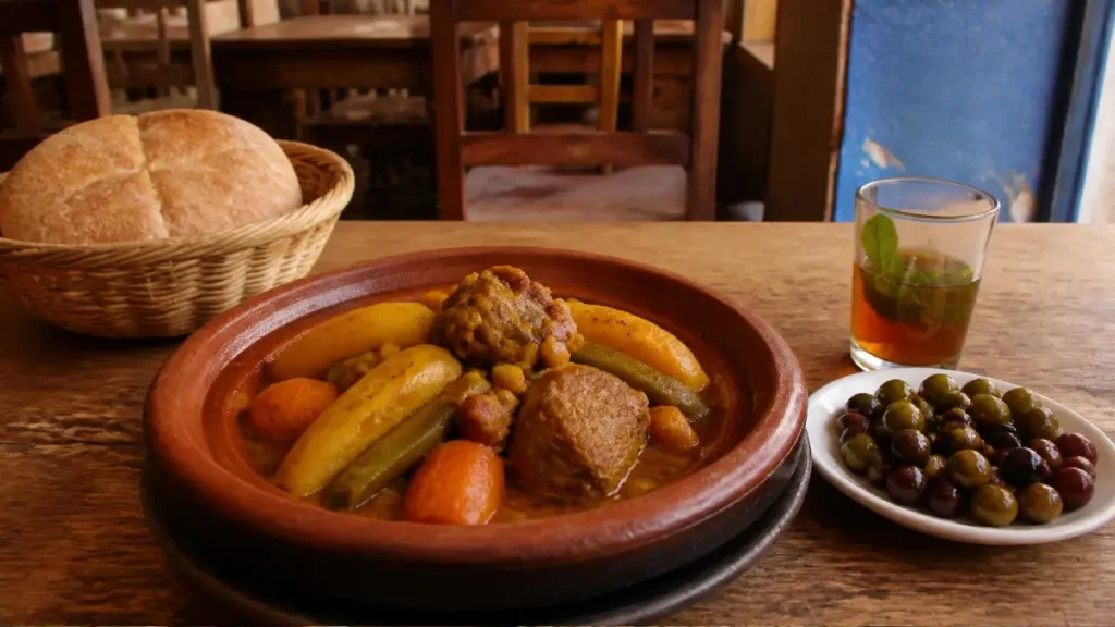 Traditional slow-cooked Moroccan tagine served with bread and mint tea in Ouarzazate