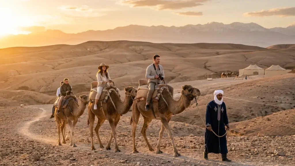 Travelers enjoying a guided sunset camel ride during Agafay Desert Tours From Marrakech