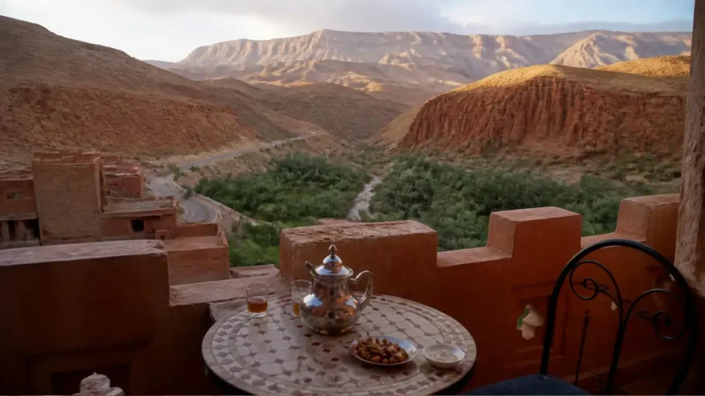Mint tea on a guesthouse balcony overlooking the Dades Valley during the first night of a desert tour.