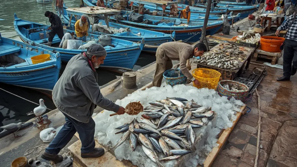 Travelers choosing fresh seafood at Essaouira’s fishing port
