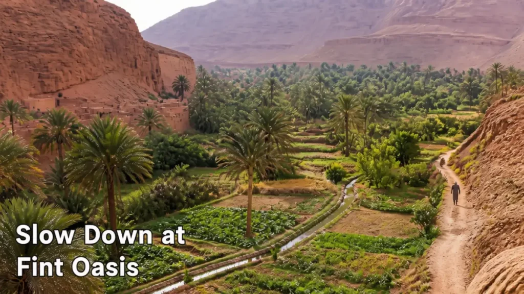 Palm trees and traditional village homes at Fint Oasis near Ouarzazate