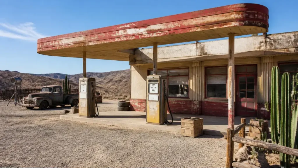 Abandoned gas-station movie set in the desert landscape west of Ouarzazate