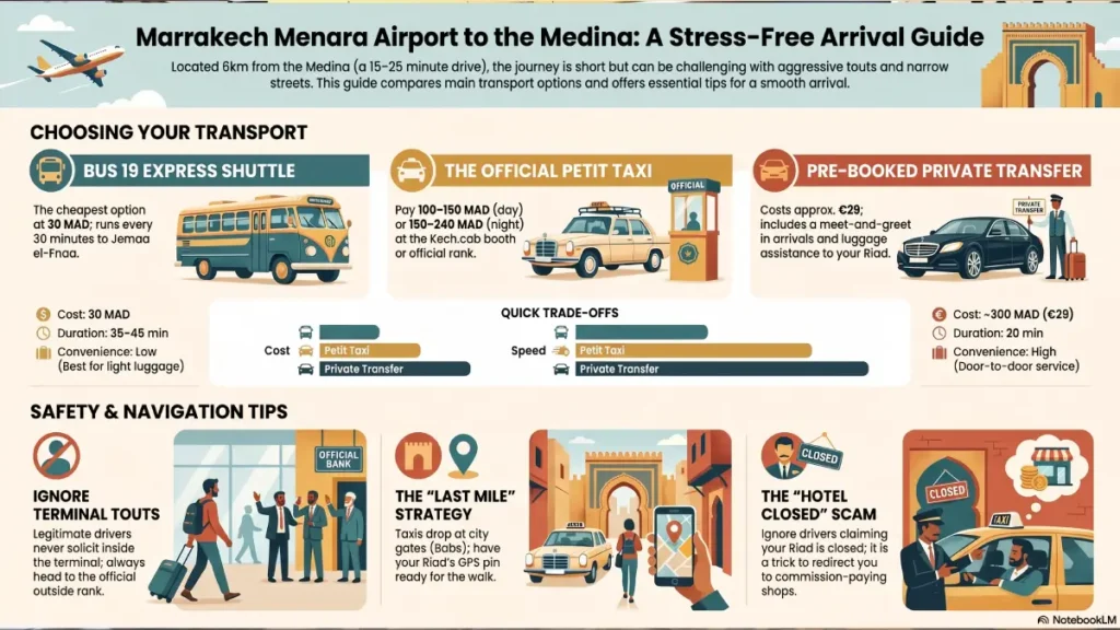 Comparison of private transfers, official taxis, Bus 19, and ride apps from Marrakech Airport to medina