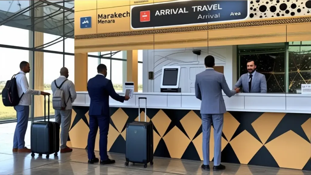 Travelers paying at the official prepaid taxi counter at Marrakech Menara Airport.