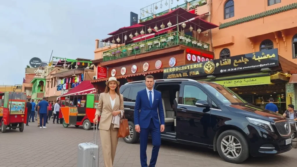 Travelers arriving near Jemaa el-Fna after a transfer from Marrakech Airport