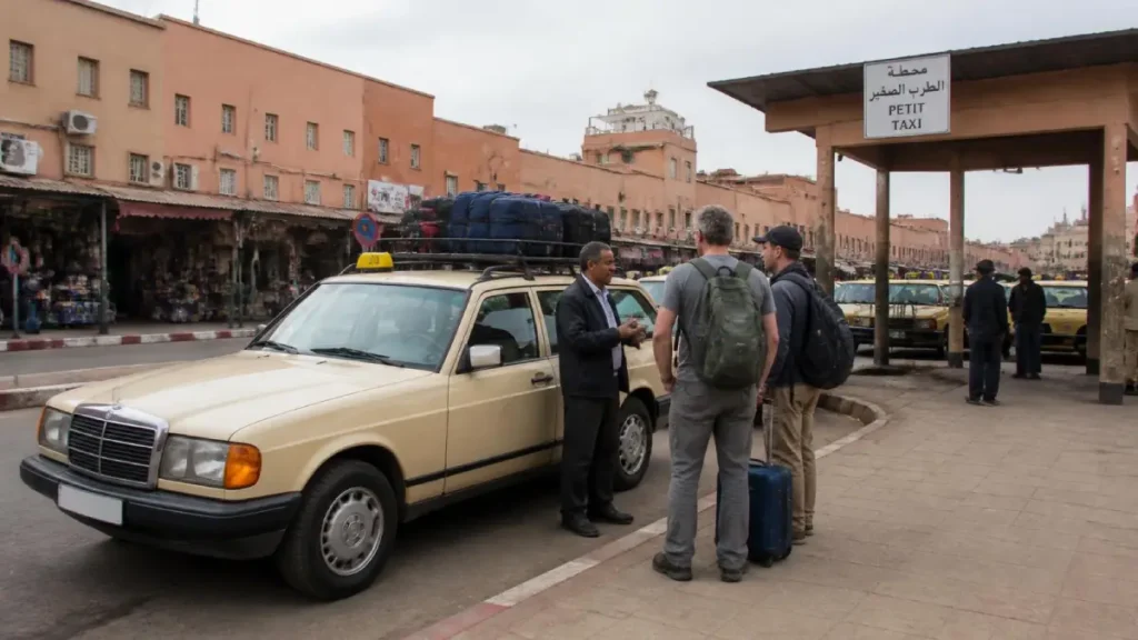 Moroccan grand taxi at a Marrakech taxi stand preparing for a mountain transfer with travelers and luggage