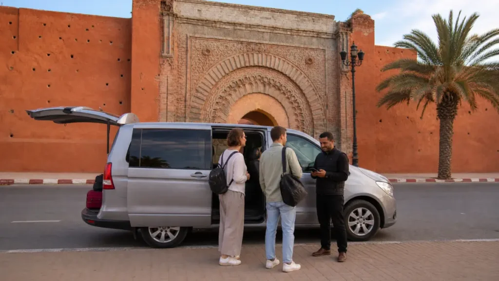 Travelers meeting their driver for an Agafay dinner tour near the Marrakech Medina