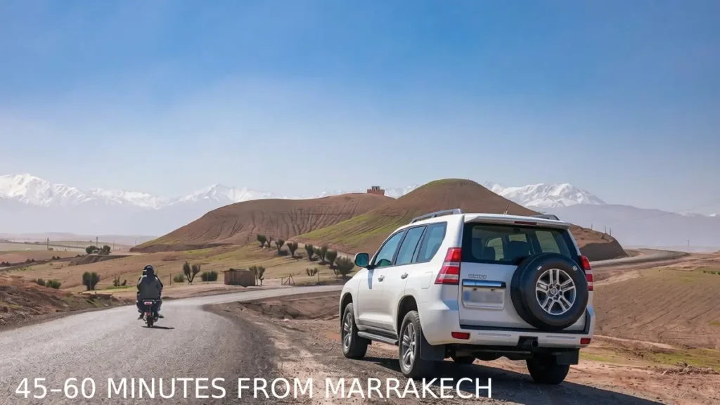 Vehicle traveling from Marrakech toward the rocky Agafay Desert